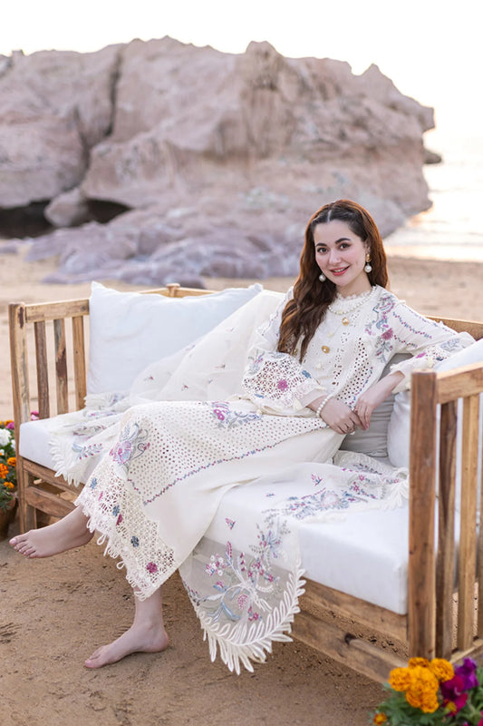 Heavy Cotton Pakistani Salwar Kameez Cream Embroidered With Imported Silk Chex Dupatta