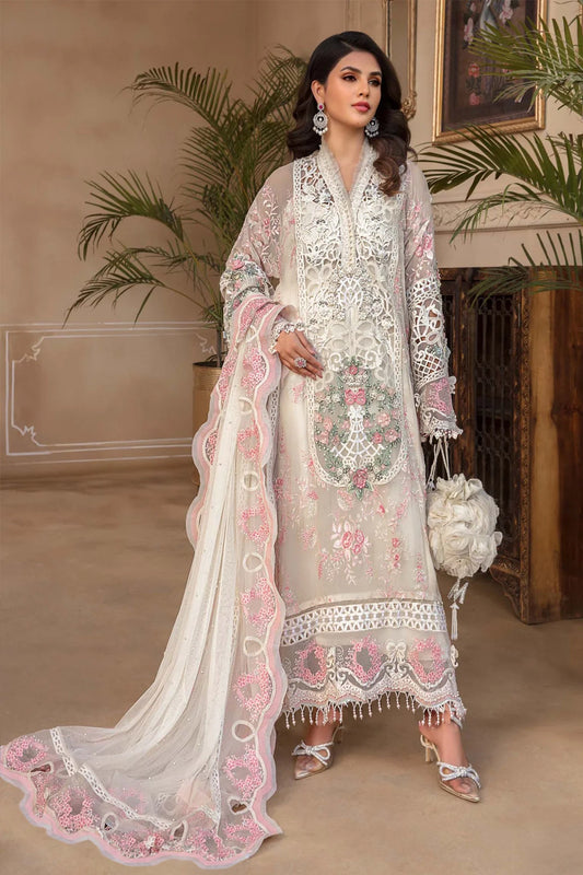 White Color Pakistani Salwar Kameez With Heavy Embroidery & Frill Work Dupatta